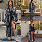 Mid-length rayon beach cover-up shirt, black with white vertical tie-dye pattern, open V-neck