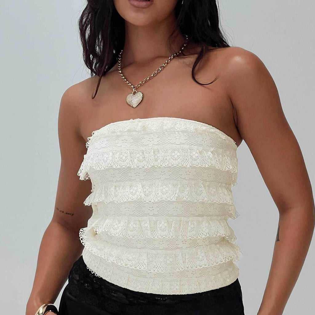 Pleated Lace Strapless Tube Top