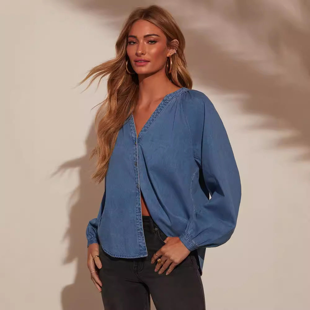 Women's Loose V Neck Ordinary Washed Denim Long Sleeved Tops