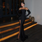 Women's Strapless Satin Asymmetric Split Maxi Dress