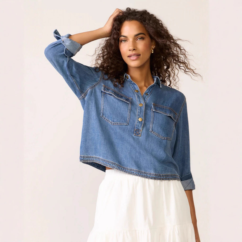 Women's Polo Collar V Neck Pullover Denim Shirt