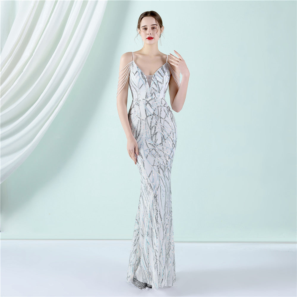 Women's Strappy Sequin Bridal Long Dinner Slim Fit Fishtail Wedding Gala Dress