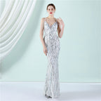 Women's Strappy Sequin Bridal Long Dinner Slim Fit Fishtail Wedding Gala Dress