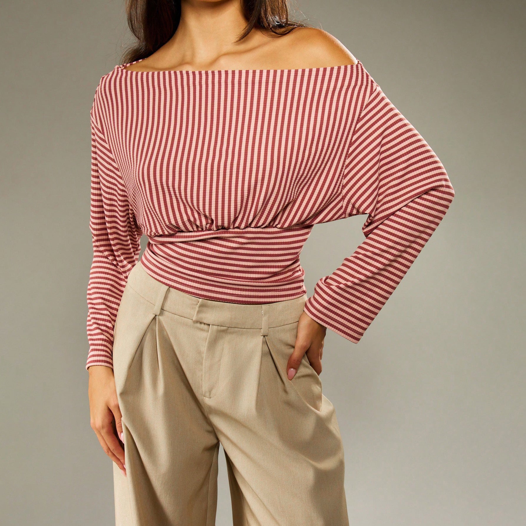 Women's Women Clothing Autumn Winter Graceful Fashionable Striped Off Shoulder Casual Waist Tight Top Women