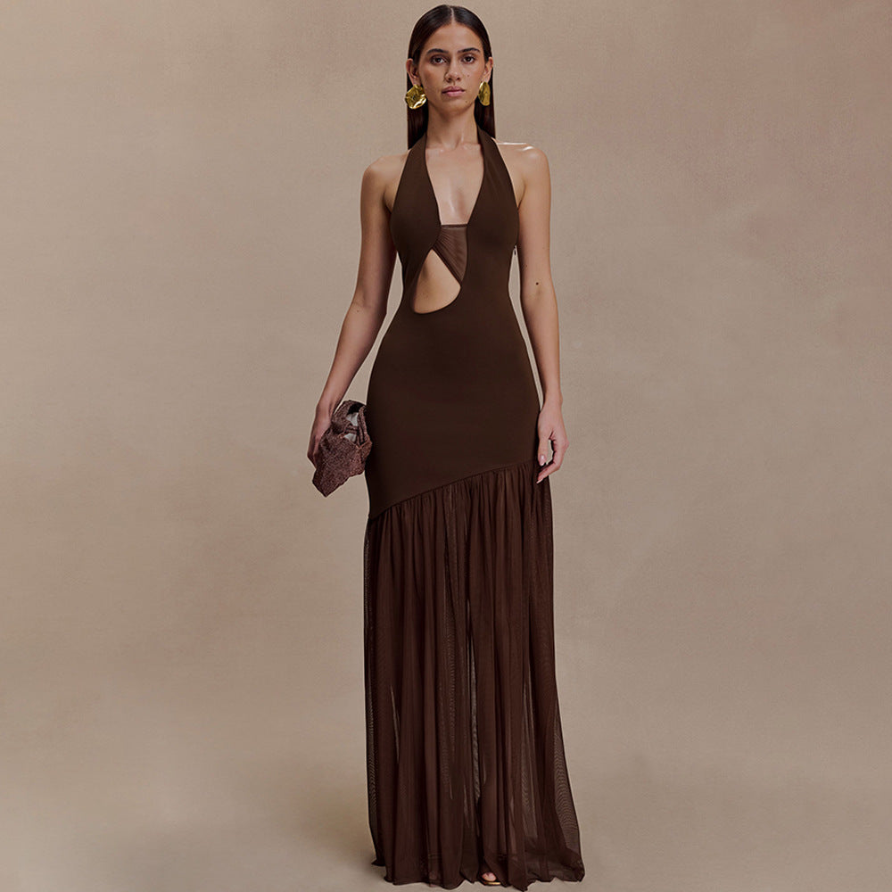 Halter Cutout Asymmetric Bodycon Maxi Dress