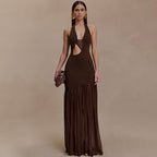 Halter Cutout Asymmetric Bodycon Maxi Dress