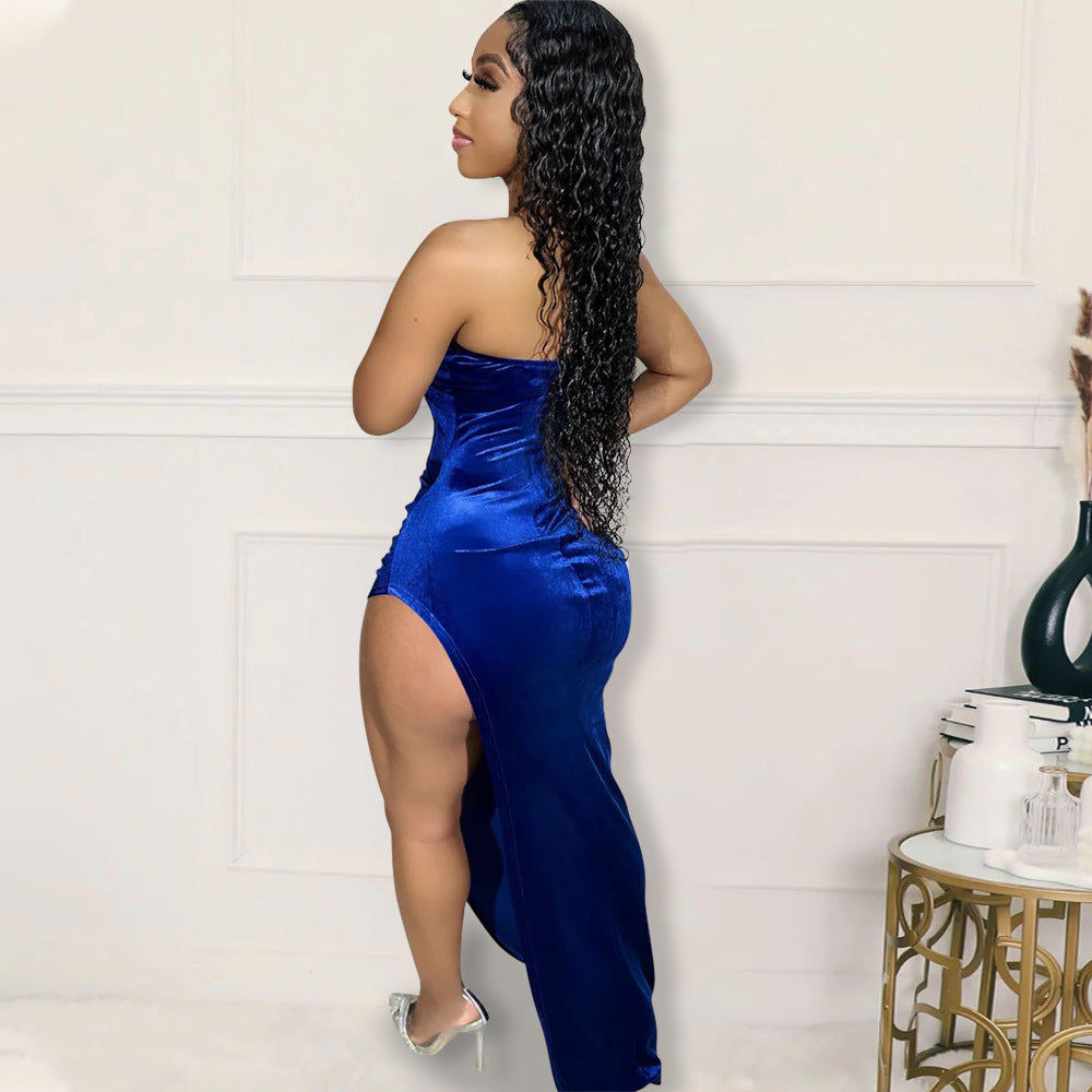 Tube Top High Slit Solid Color Rhinestone Dress