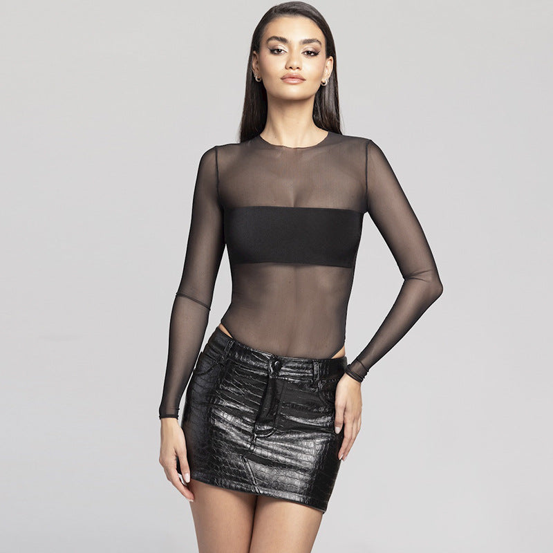 Women's Long Sleeve Mesh Patchwork Jumpsuit