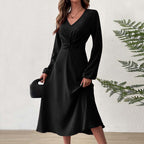 Women's French V Neck Dress Elegant A Line High Waist Midi Dress