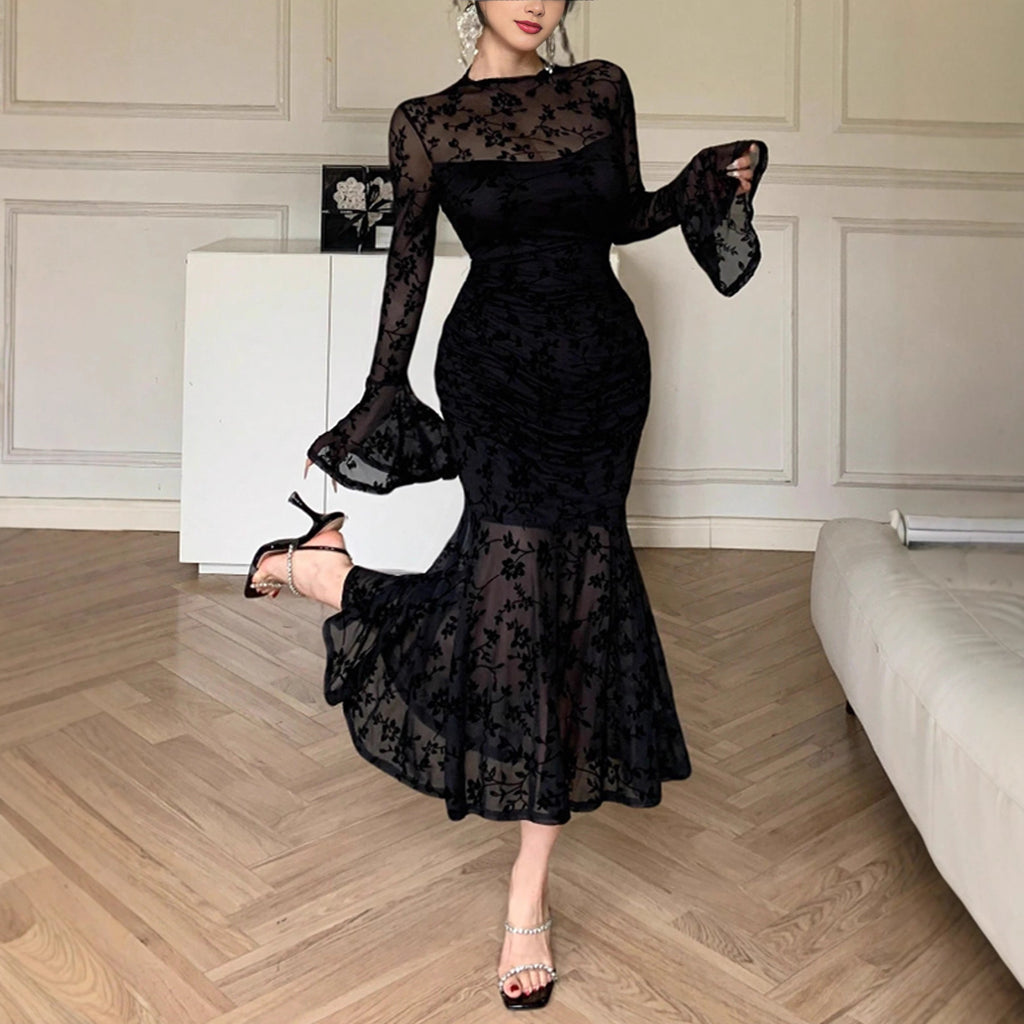 Women's Mesh Fishtail Long-Sleeve Midi Dress