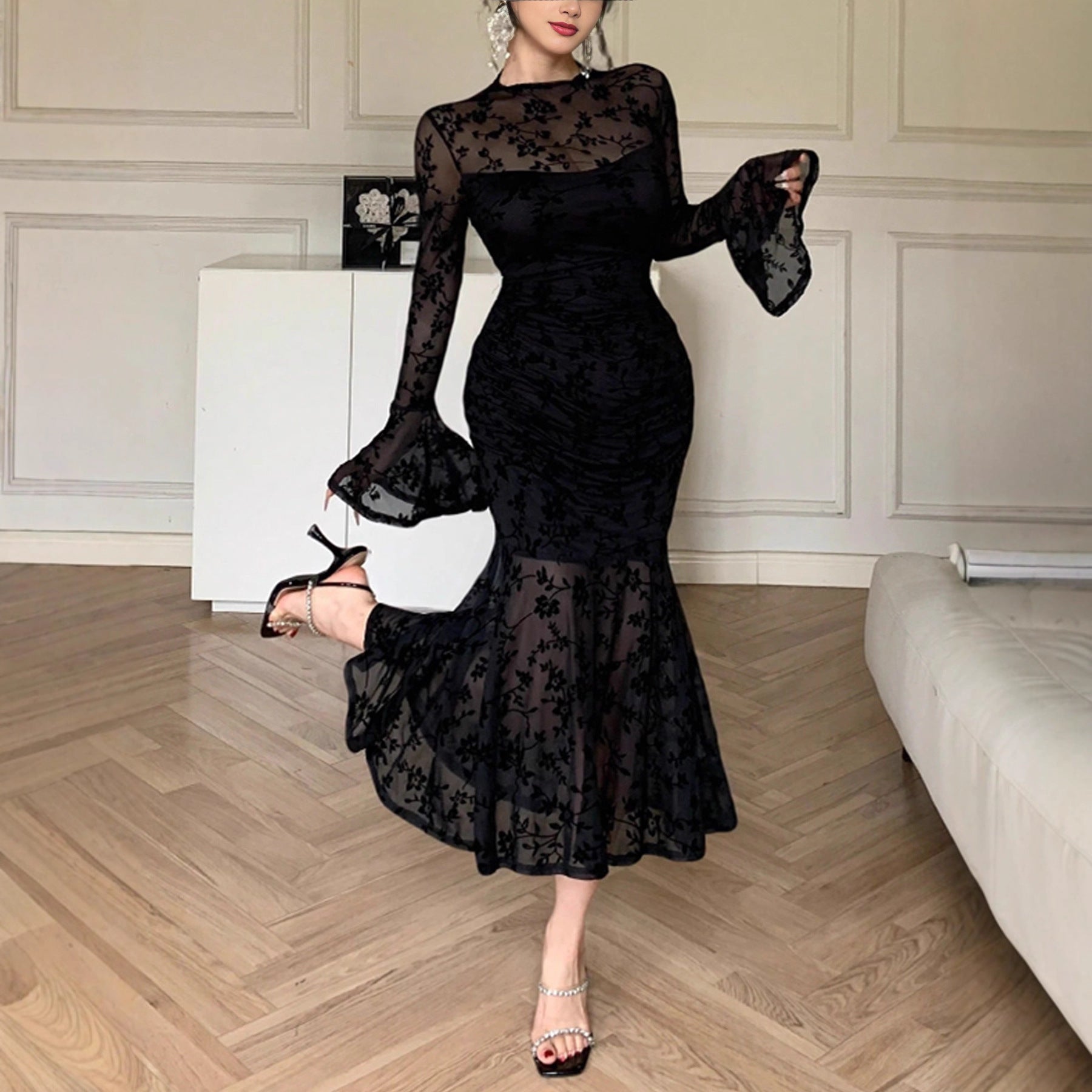 Women's Mesh Fishtail Long-Sleeve Midi Dress