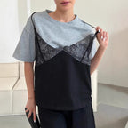 Women's Sexy Women Clothing Lace Stitching Loose Basic Round Neck Short Sleeve T Shirt
