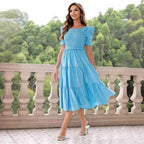 Women Summer Women Clothing Square Collar Backless Puff Sleeve Pleated Short Sleeves Dress