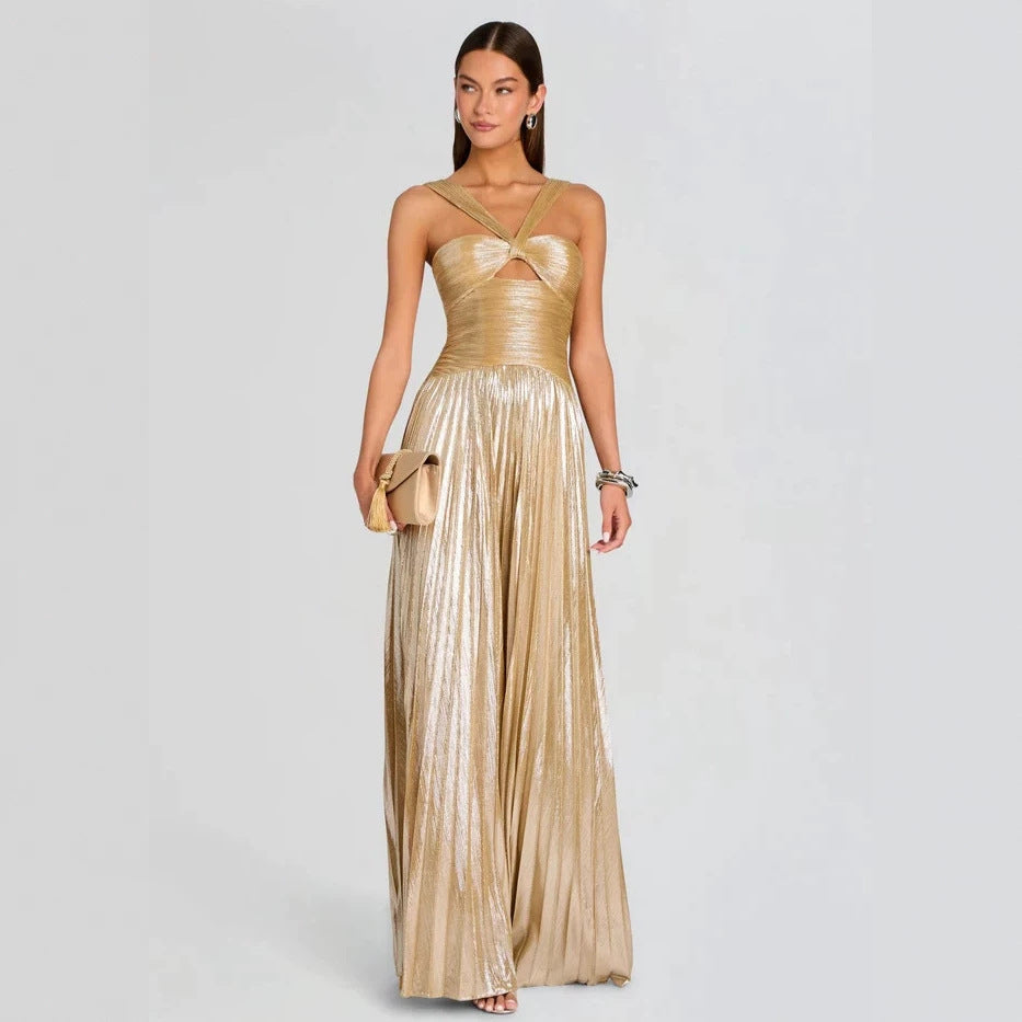 Women's Gold Pleated Swing Dress