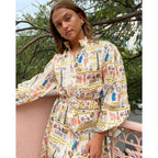 Printed Collared Belted Long-Sleeve A-Line Maxi Dress
