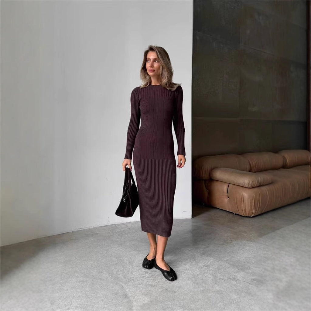 Long Sleeve Fall Winter Sweater Dress Knitted round Neck Sunken Stripe Solid
