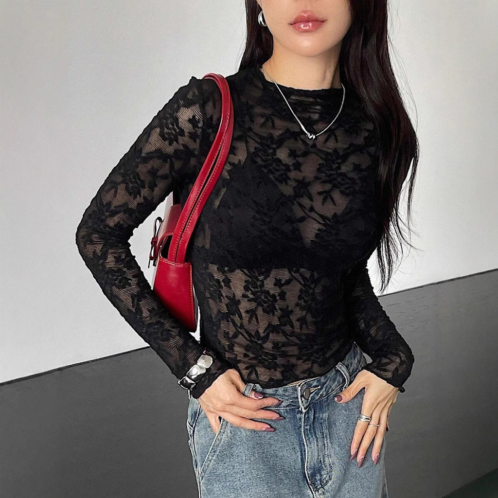Women’s Black Sheer Lace Stand Collar Long Sleeve Top