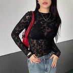 Women’s Black Sheer Lace Stand Collar Long Sleeve Top