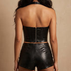 Sexy Crocodile Pattern Faux Leather Halter Spaghetti Straps Slim Fit Waist Exposed Cropped Sexy Patent Leather Top