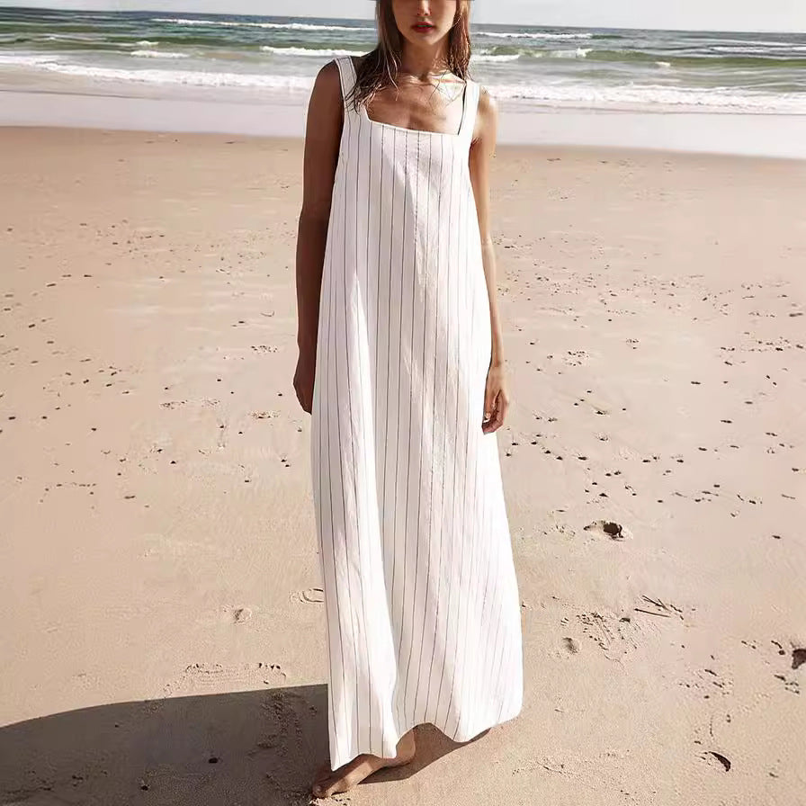 Square Collar Striped Minimalist Basic Sleeveless Dress