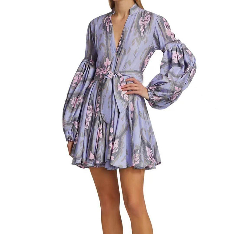 Women's V-Neck Lace-Up A-Line Dress