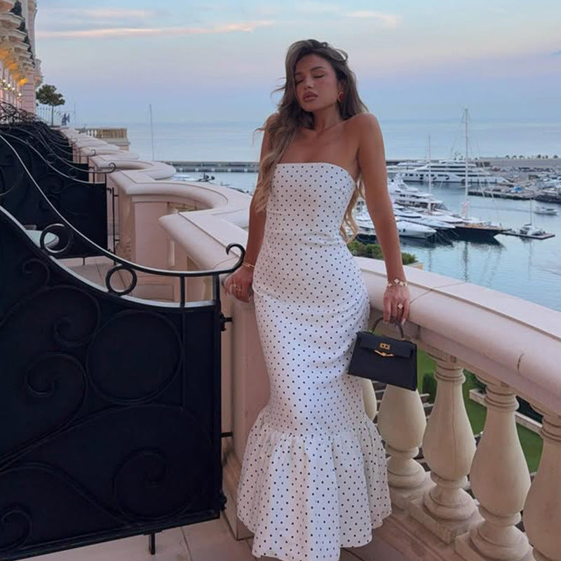 White Polka Dot Tight Strapless Tight Waist Fishtail Hip