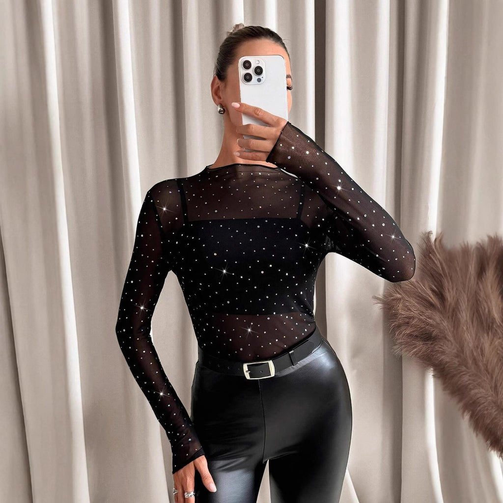 Sheer Mesh Rhinestone Long Sleeve Top