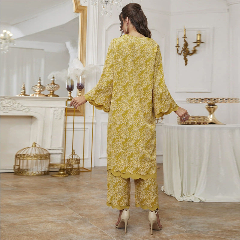 Autumn Middle East Muslim Saudi Casual V-Neck Printing Long-Sleeve Two-Piece Set