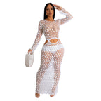 Women’s sequined knit two-piece set with long-sleeve crop top and midi skirt, white