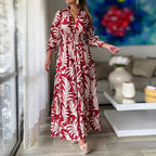 Women's Autumn Winter Maxi Dress Waist Tight Pullover Bohemian Printed Long Sleeve Big Hem Dress