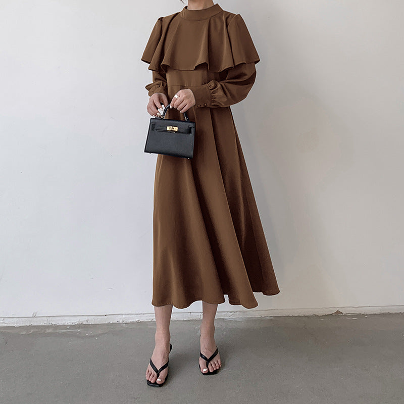 Women's Stand-Collar Smocked Ruffle Long-Sleeve Midi Dress