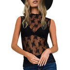 Sheer Lace Mesh Mock Neck Sleeveless Top