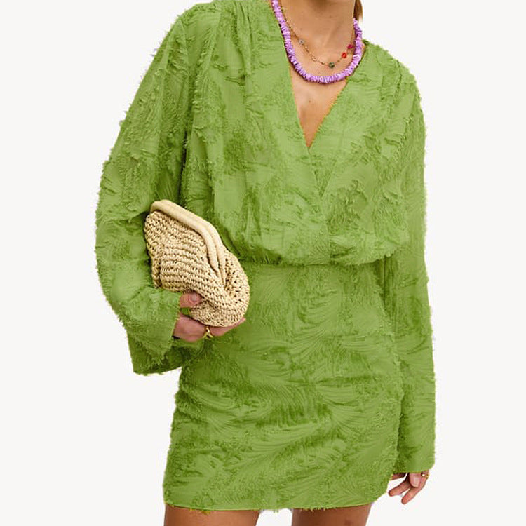 V-Neck Jacquard Long Sleeve Mini Dress