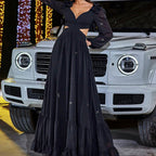 Women's V-Neck Chiffon Rhinestone Ruffle Backless Long-Sleeve A-Line Maxi Dress