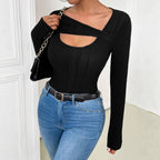 Women's Asymmetric Collar Cutout Long Sleeve Top