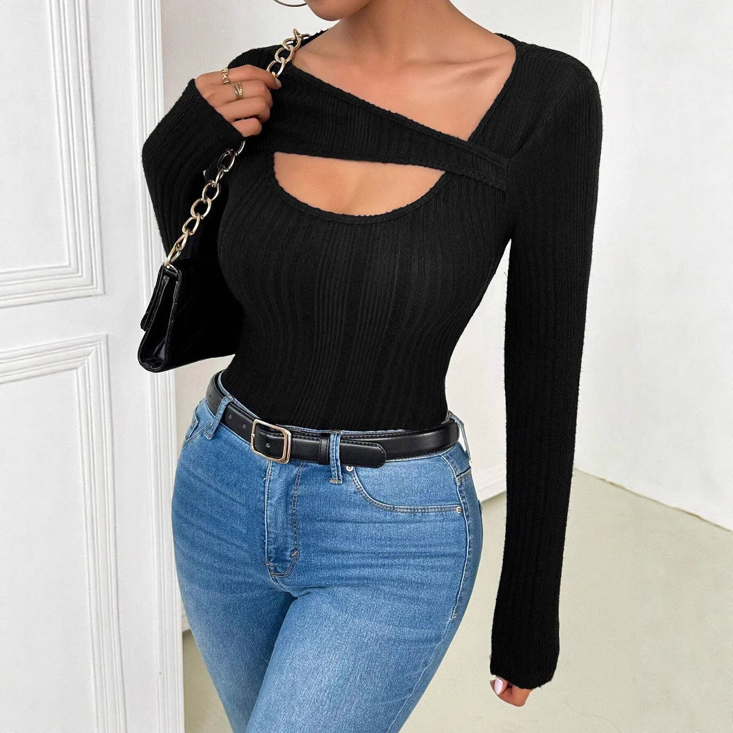 Women's Asymmetric Collar Cutout Long Sleeve Top