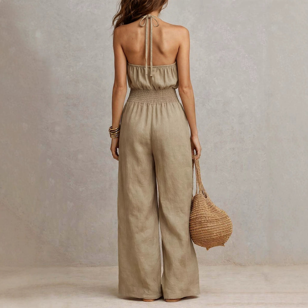 Bohemian Halter Jumpsuit Smocking Waist Slim Backless WL