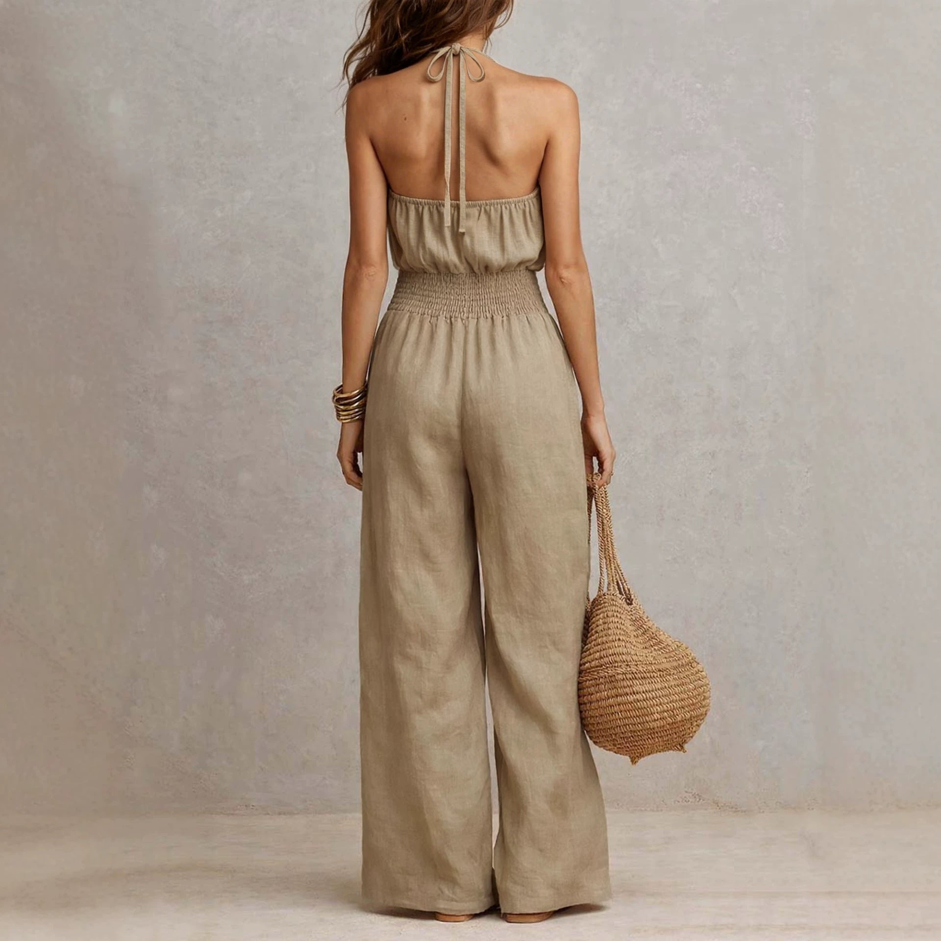 Bohemian Halter Jumpsuit Smocking Waist Slim Backless WL