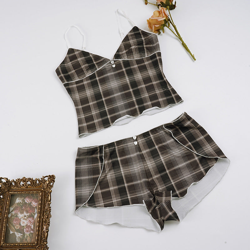 Women's Plaid Suspender Pajamas Summer Heart Buckle White Covered