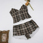 Women's Plaid Suspender Pajamas Summer Heart Buckle White Covered