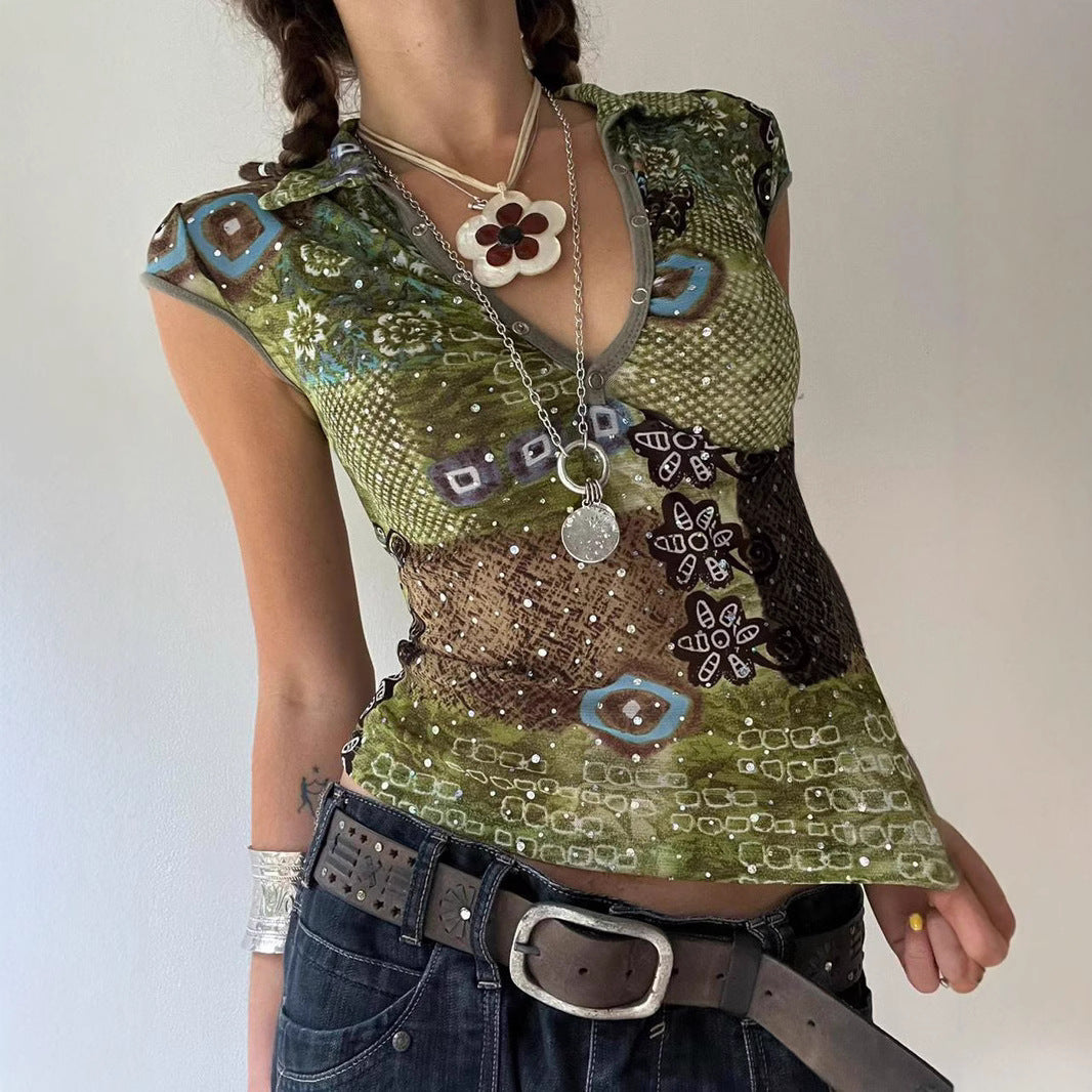 Women's Wizard Of Oz Deep Forest Vintage Printing Polo Collar Slim Stretch Graceful Wind Summer Short Sleeved Top