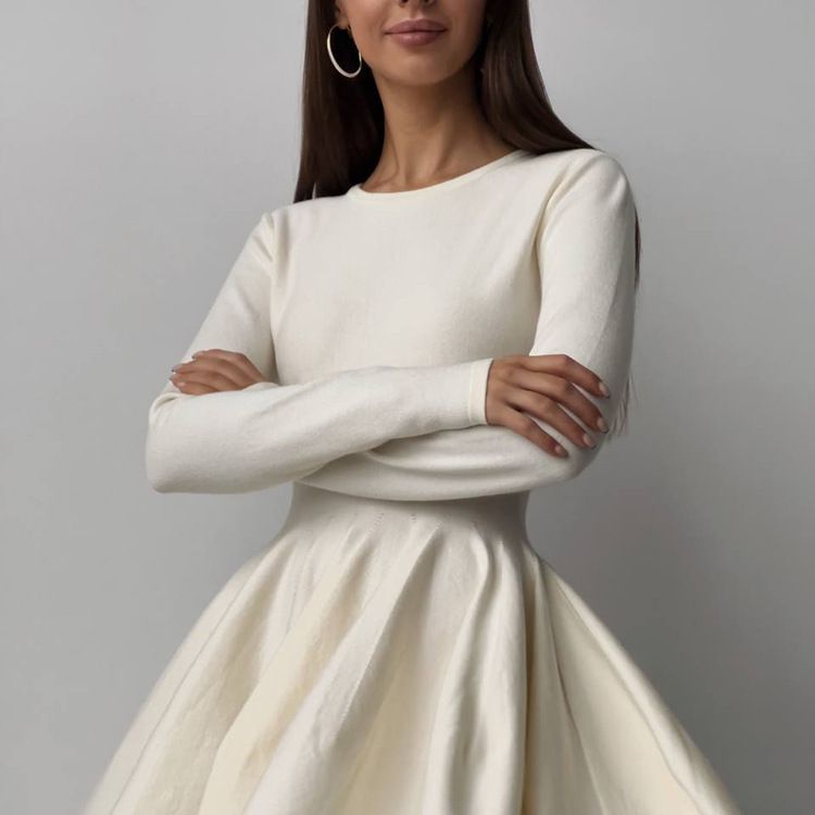 Crew-Neck Long-Sleeve Knit A-Line Mini Dress