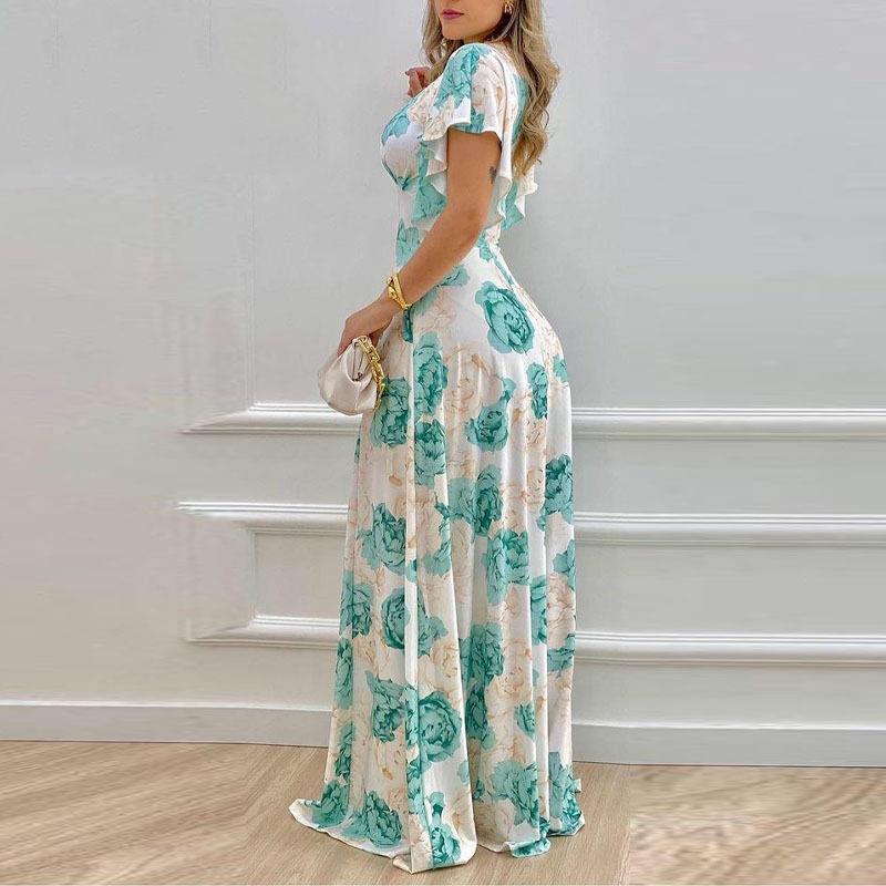 Office V-Neck Waist Trimming Print A-Line Dress