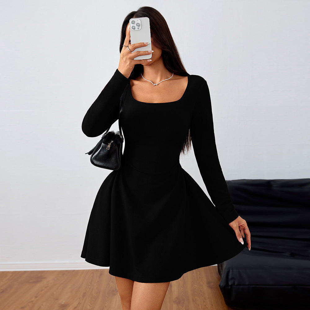 Black summer dress with square neckline, long sleeves, fitted waist, flared skater skirt
