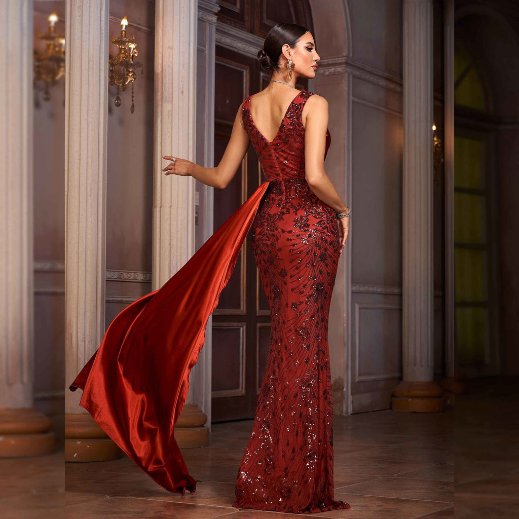 Floral Sequin V-Neck Asymmetric Maxi Dress