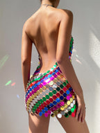Fishnet Rhinestone Halterneck With Suspenders Hollow Out