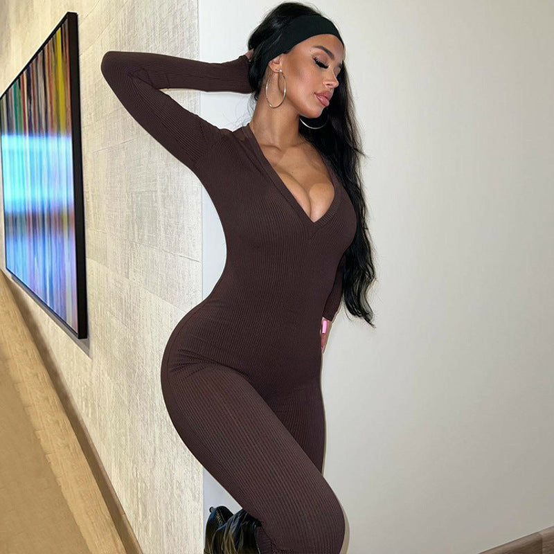 Women's 's V-Neck Slim Long-Sleeve Sports Jumpsuit