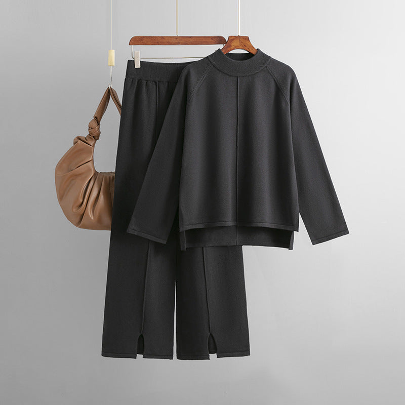Autumn Winter Loose Solid Color Pullover Sweater Slit Knitted Wide Leg Pants Suit Two-Piece Set