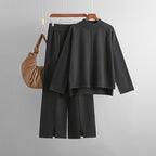 Autumn Winter Loose Solid Color Pullover Sweater Slit Knitted Wide Leg Pants Suit Two-Piece Set