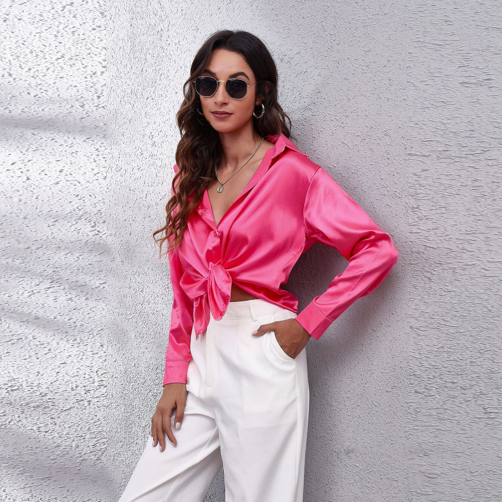 Women's Satin Button-Front Shirt – Long-Sleeve Blouse